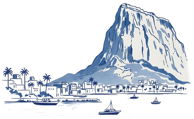 Ink illustration of the Port of Las Palmas, Gran Canaria, with ships and mountain